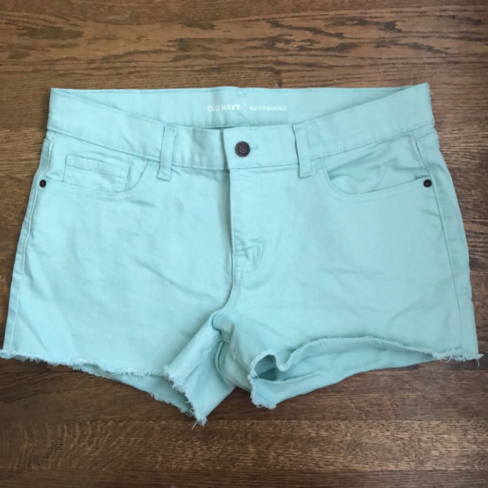 Old Navy Mint Green Frayed Boyfriend Denim Shorts, Size 10